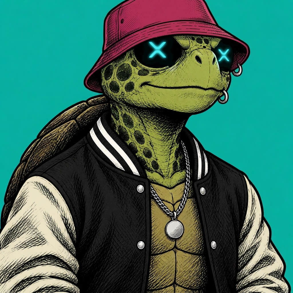 Hand-inked olive LEDG turtle with a black and teal varsity jacket bearing an XRP patch and an XRP chain on teal